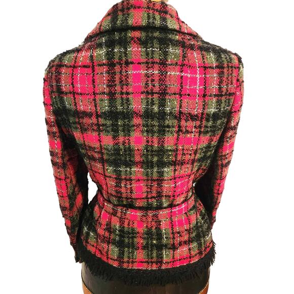 Vintage Z.C.M.I. Cameo Room 1960s Red Black Check Tweed Jacket w/Belt Fringe S/M - Picture 7 of 8